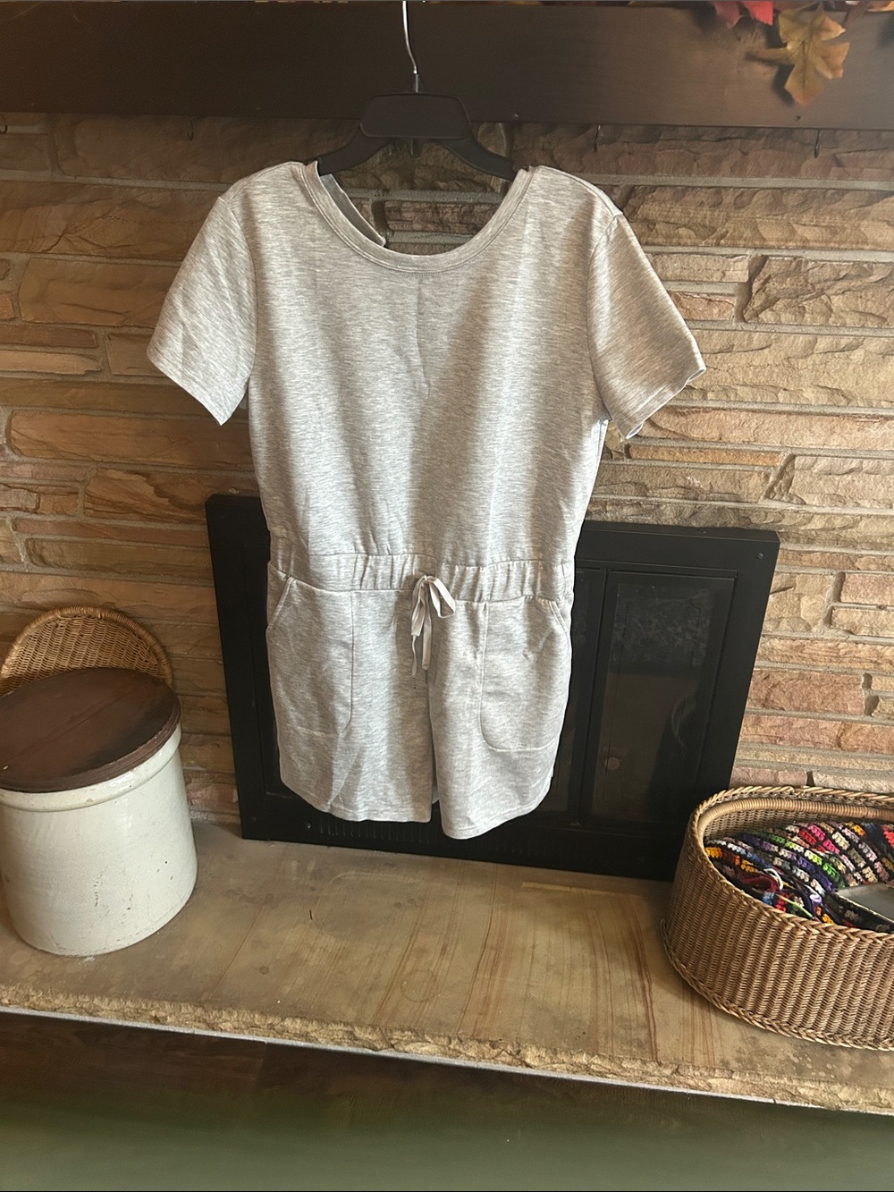 SHEIN Heather Gray Short-Sleeve Romper Top with Drawstring